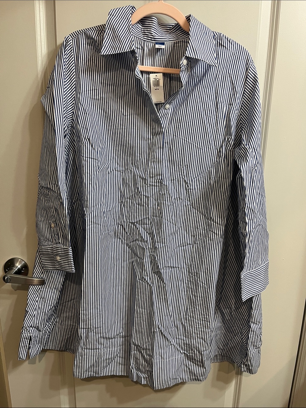 Old Navy Women’s Blue and White Vertical Stripe Button-Down Shirt Dress